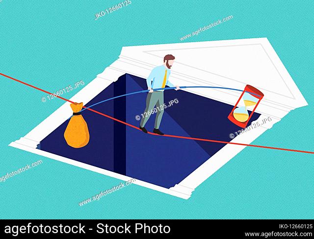 Businessman walking tightrope balancing money and hourglass over bank