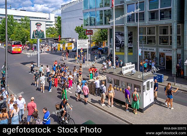 Elevated view of Checkpoint Charlie, Friedrichstrasse, Berlin, Germany, Europe