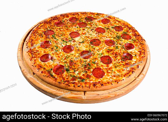 pizza with pepperoni on a wooden board