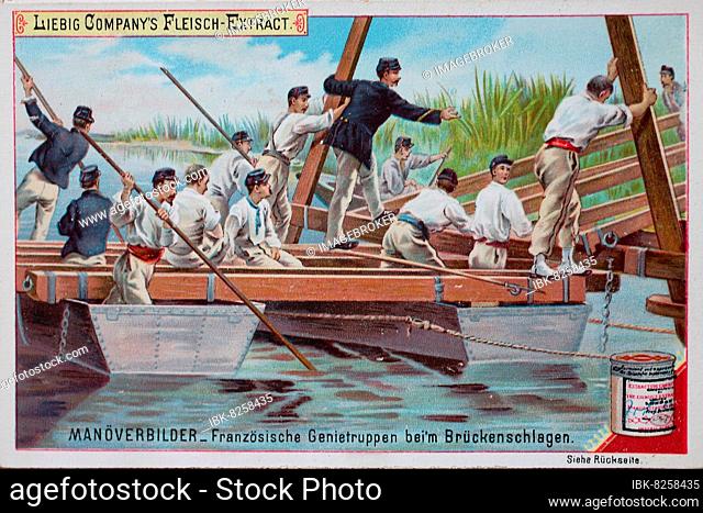 Bilderserie Manöverbilder, Französische Genietruppen beim Brückenschlag, Liebigbild, digital verbesserte Reproduktion eines Sammelbildes von ca 1900