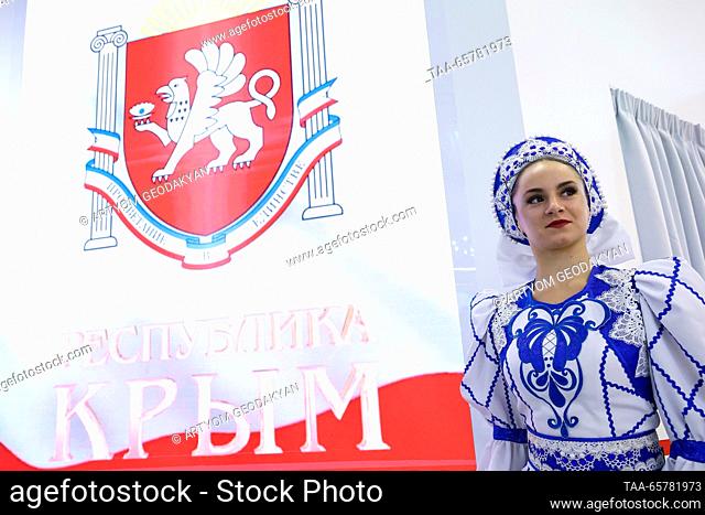 RUSSIA, MOSCOW - DECEMBER 15, 2023: Artists perform on Crimea Day as part of the Russia Expo international exhibition and forum at the VDNKh Exhibition Centre