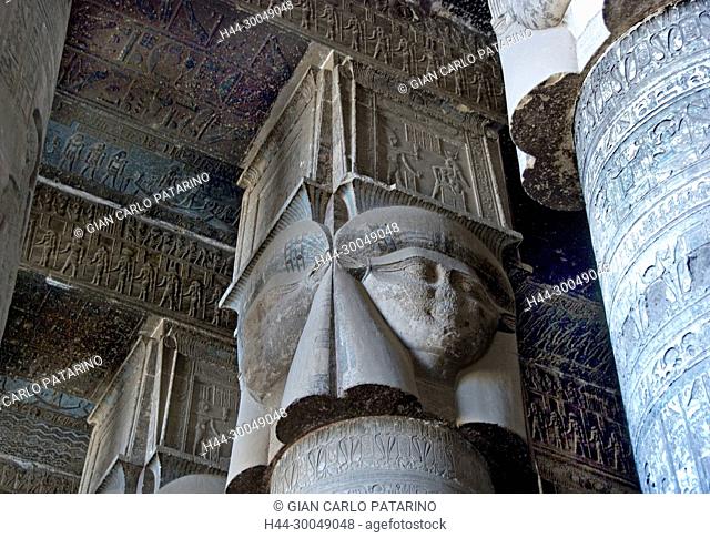 Egypt, Dendera, Ptolemaic temple of the goddess Hathor.View of an Hathoric capitol
