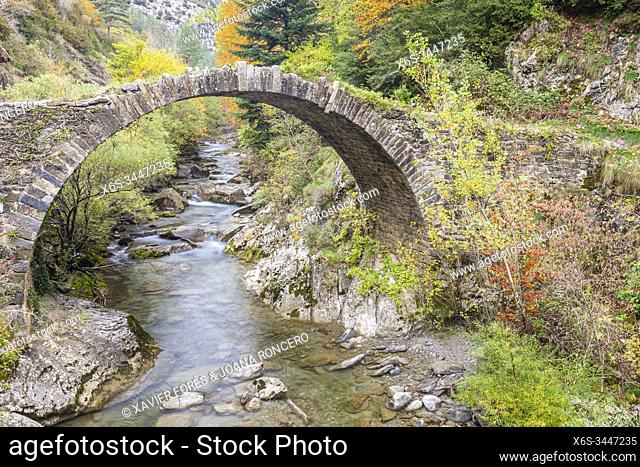 Romanesque bridge near Isaba in Belagua River, Roncal Valley, Navarra, Spain