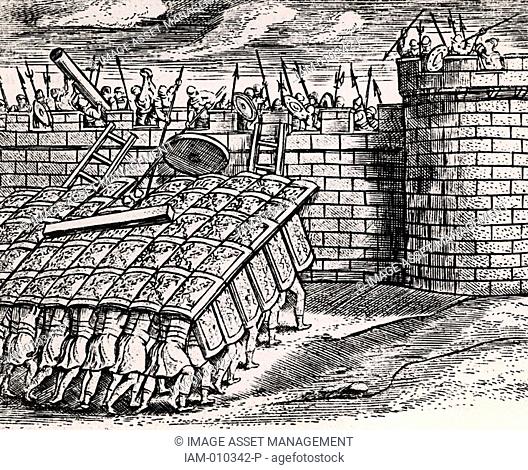 Roman soldier forming a 'tortoise' with their shields, thus enabling them to approach the walls of a besieged city  From 'Poliorceticon sive de machinis...