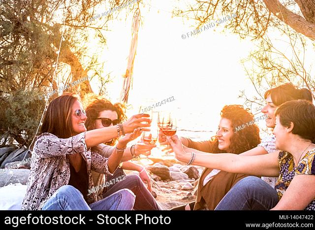 friends female people young adult have fun and enjoy together clinking with red wine in outdoor - beach and sunset background with women smiling and drinking...