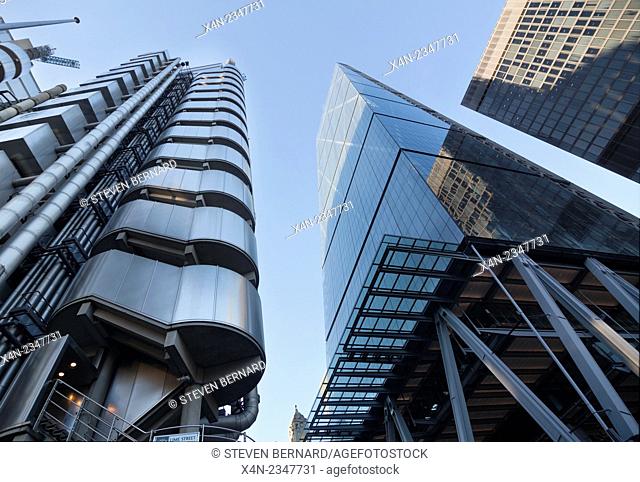 The Leadenhall Building, 122 Leadenhall Street (right) next to the LLoyds Building, London, UK. Designed by Richard Rogers