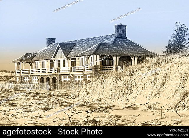 Ludington State Park Beach House on storm littered beach near Ludington, Michigan, USA. . . . Ludington State Park is a state park located just north of...