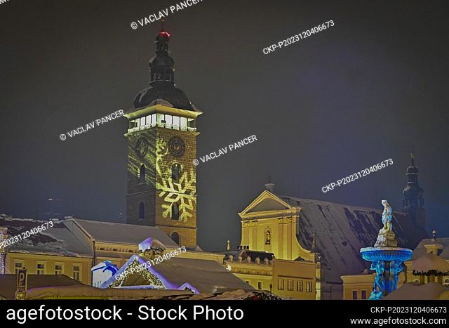 View of the Black Tower, Samson's Fountain and St. Nicholas Church, Ceske Budejovice, December 4, 2023. It has been snowing heavily in southern Bohemia in...