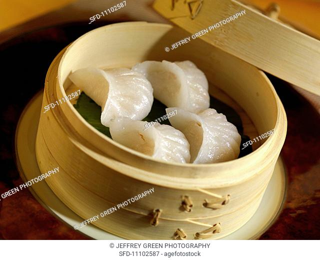 Asian Dumplings in a Bamboo Steamer