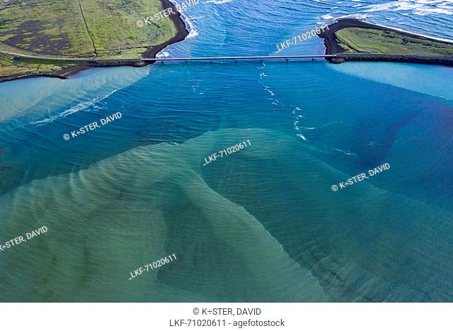 aerial view of bridge Ëseyrarbr· over river Olfussa, which is flowing into Atlantic Ocean, near Eyrarbakki, South Iceland, Iceland, Europe