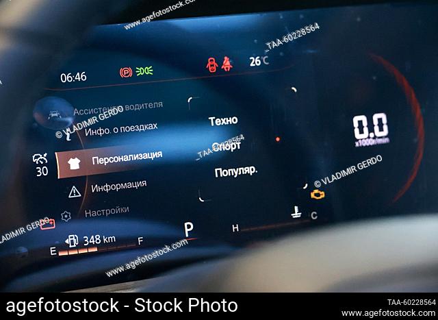 RUSSIA, MOSCOW - JULY 3, 2023: The dashboard in a Changan car manufactured by the Chinese car maker Changan Automobile on display at the Changan Major Auto car...