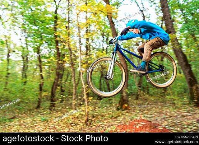 a young rider in a helmet and a blue sweatshirt flies on a bicycle after jumping from a high kicker on a forest bike path