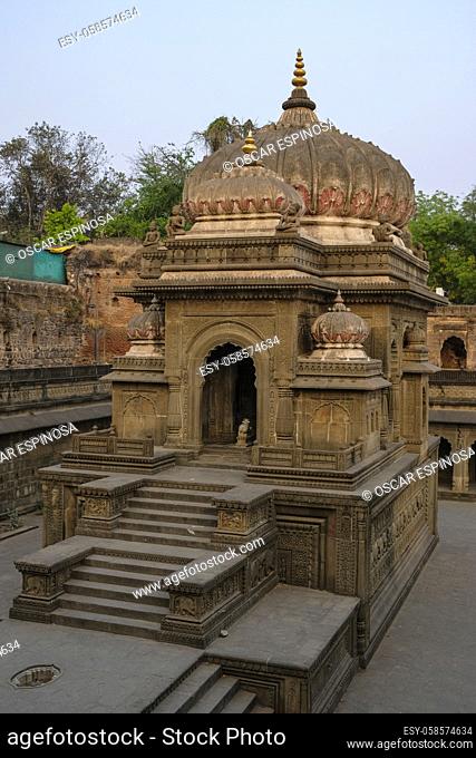 Maheshwar, India - March 2021: Detail of the cenotaph of Fort Ahilya in Maheshwar on March 16, 2021 in Madhya Pradesh, India