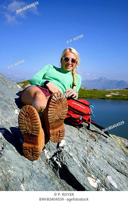 breather of a female wanderer at lake of Moutons , France, Savoie, Vanoise National Park