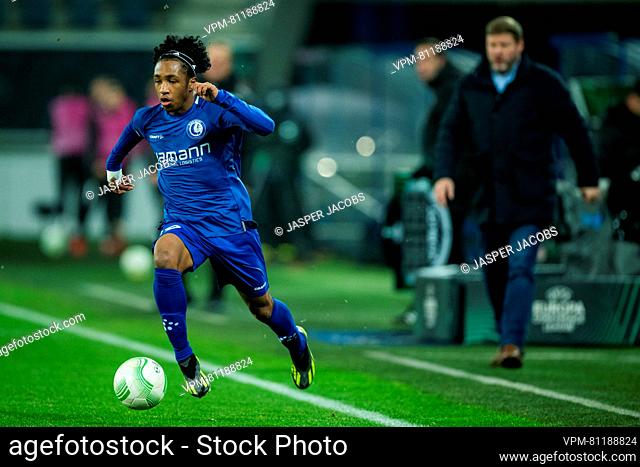 Gent's Malick Fofana pictured in action during a soccer game between Belgian soccer team KAA Gent and Ukrainian Zorya Luhansk, Thursday 30 November 2023 in Gent