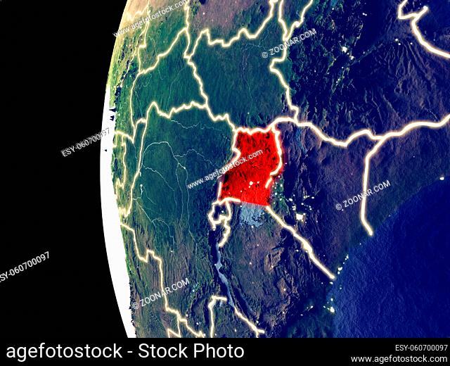 Night view of Uganda from space with visible city lights. Very detailed plastic planet surface. 3D illustration. Elements of this image furnished by NASA