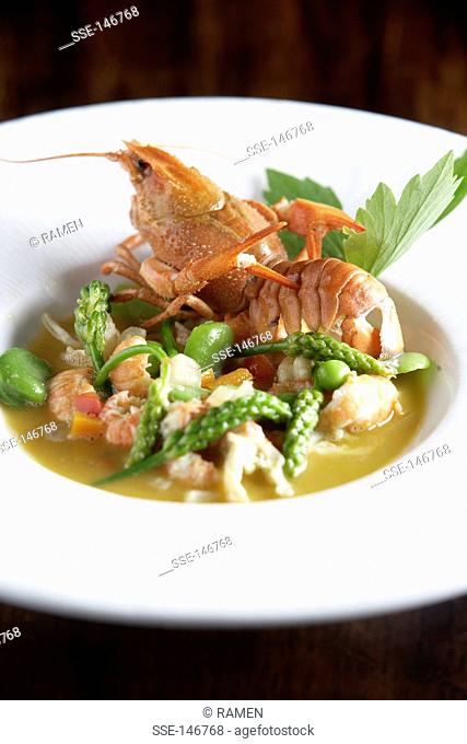 Crayfish and green vegetable Nage