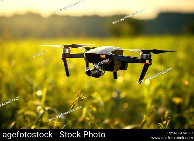 Flying drone above the farmland field. Using drone in agriculture. AI generated