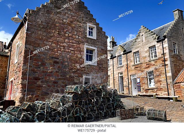 Brodie's Grannie's restaurant and stone houses and lobster traps in the fishing village of Crail Fife Scotland UK