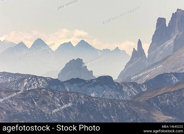 Europe, Italy, Alps, Dolomites, Mountains, South Tyrol, Val Gardena, View from Seceda