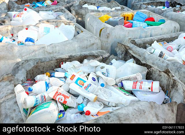 Plastic Bottles From Cleaning Supplies. Sorted Plastic From Cleaning Supplies At The Recycling Plant. Kyiv, Ukraine, Kyivmyskvtorresursy Plant -Kyiv s Plant for...