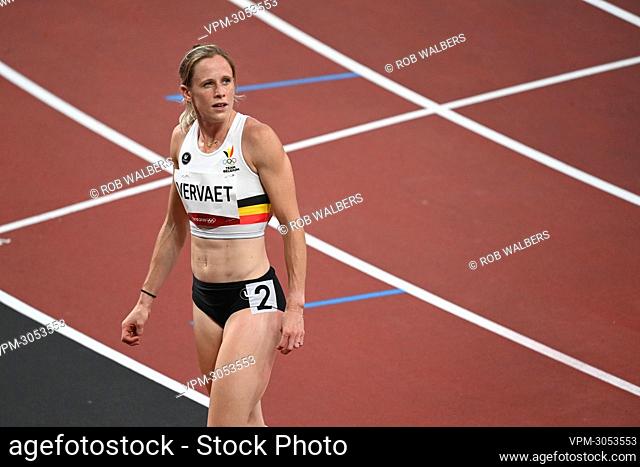 Belgian Imke Vervaet looks dejected after the semi-finals of the women's 200m race at the athletics competition on day 11 of the 'Tokyo 2020 Olympic Games' in...