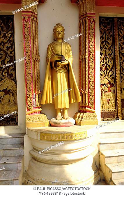statue of buddha holdings alms bowl, wat mani phraison or Wat Manee Pai, Son, Mae Sot, Western Thailand