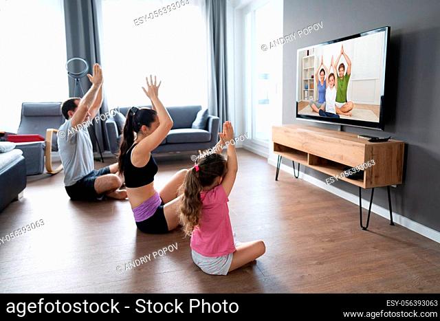 Fit Family Doing Home Online Stretching Yoga Fitness Exercise