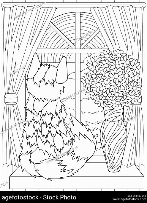 Coloring Page With Sitting Fluffy Cat Looking Through Window Next To Vase