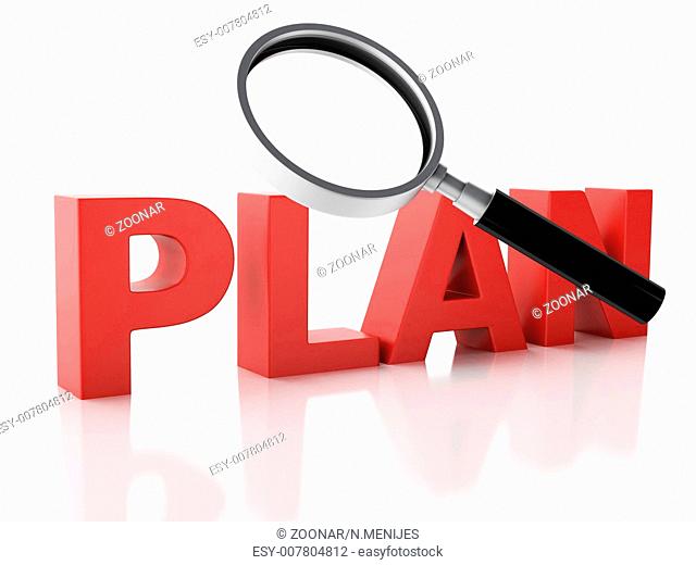 3d plan and a magnifying glass on white background