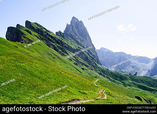 Fascinating mountain Seceda in the Puez-Odle Nature Park with magnificent surroundings in Val Gardena, Dolomites, Italy, July 7, 2023
