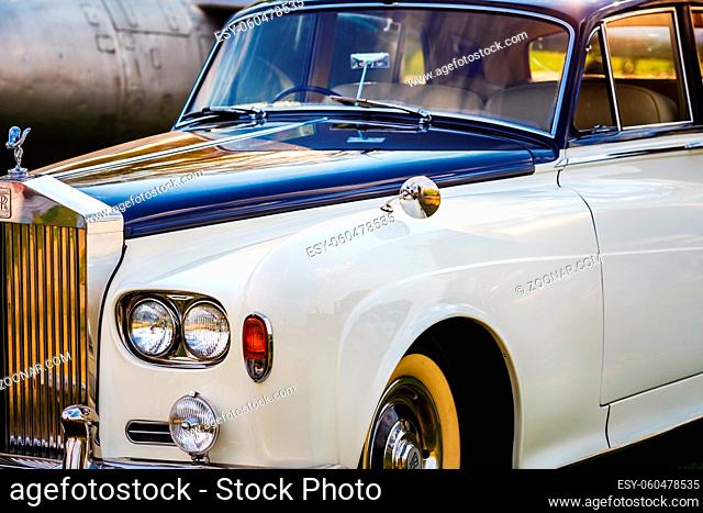 MINSK, BELARUS - MAY 07, 2016: Close-up photo of Rolls Royce. Close-up of luxury retro car. Selective focus