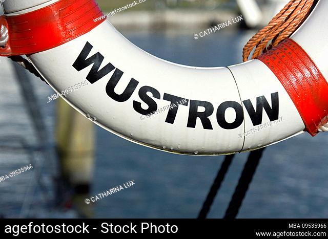 Baltic Sea, Fischland, Darss, seaside resort Wustrow, harbor, lifebuoy, inscription Wustrow