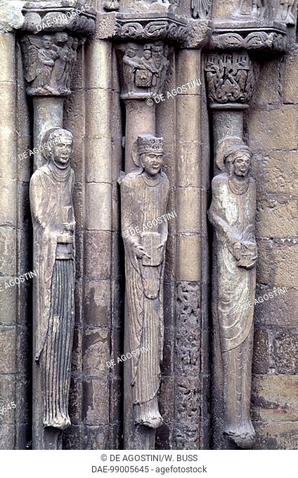 Anthropomorphic columns on the entrance to the Collegiate Church of St Mary Royal, Sanguesa, Navarra. Spain, 12th-14th century