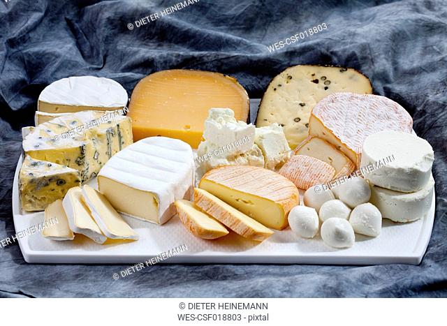 Varieties of cheeses on chopping board, close up
