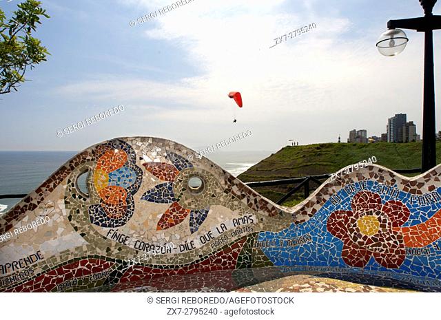Parque del Amor, Miraflores, Lima, Peru. Tiled curved wall (ceramic and mosaic) in El Parque del Amor (Love Park) overlooking ocean, Miraflores Lima, Peru