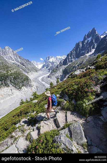 Climber on hiking trail, Grand Balcon Nord, glacier tongue Mer de Glace, behind Grandes Jorasses, Mont Blanc massif, Chamonix, France, Europe