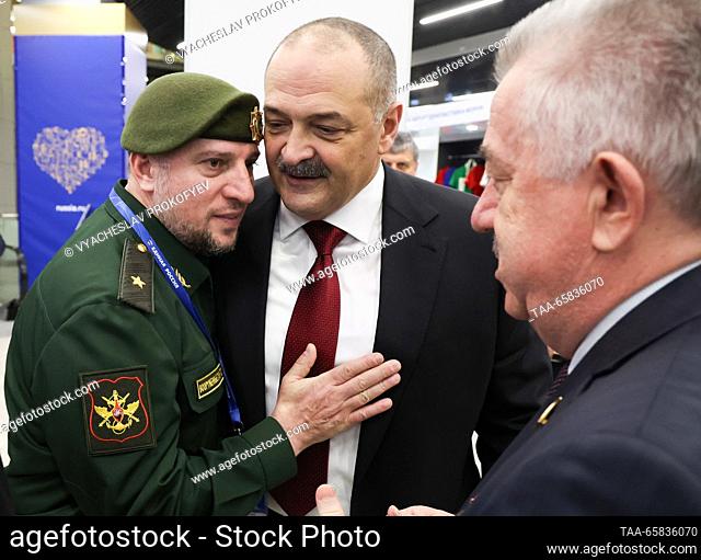 RUSSIA, MOSCOW - DECEMBER 17, 2023: Adviser to the Chechen Republic Head, commander of the special forces unit Akhmat, Apti Alaudinov (L) and Dagestan Republic...