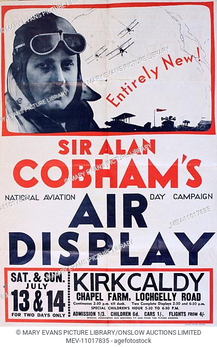 Poster, Sir Alan Cobham's National Aviation Day Campaign Air Display (also known as Cobham's Flying Circus), Chapel Farm, Lochgelly Road, Kirkcaldy