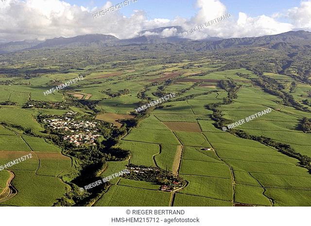 France, Reunion Island, north-eastern coast between Sainte Suzanne and Saint Andre, sugar cane fields aerial view