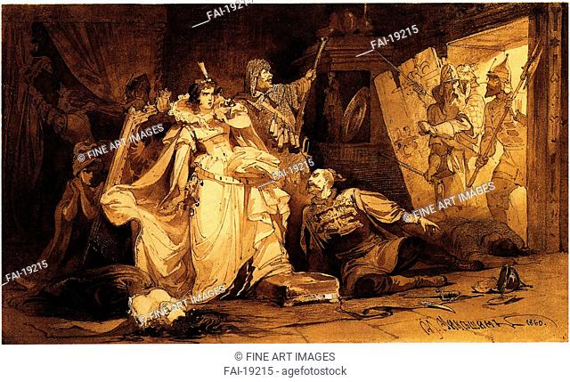 The Arrest of Marina Mniszech. Mikeshin, Mikhail Osipovitsch (1835-1896). Colour lithograph. Neoclassicism. 1860. Russian State Library, Moscow. 21x35