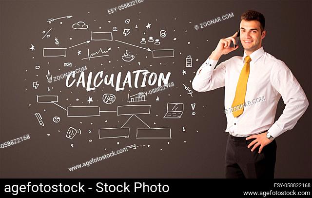 Businessman thinking with CALCULATION inscription, business education concept