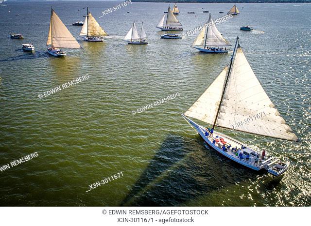 Aerial view showing off the mighty sails of a group of traditional Skipjack boats getting ready to compete in the annual Deal Island Skipjack Races, Deal Island