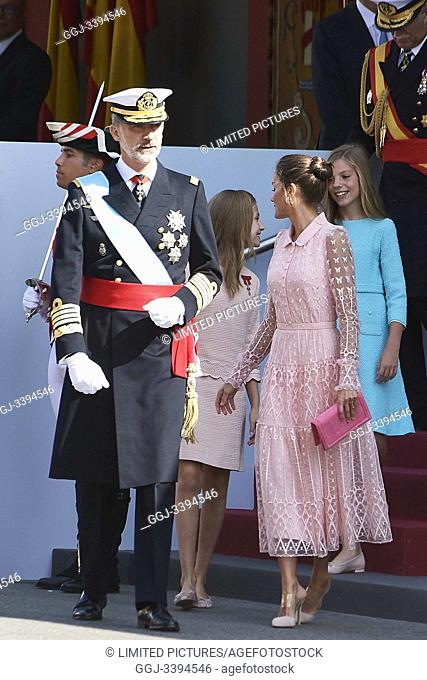 King Felipe VI of Spain, Queen Letizia of Spain, Crown Princess Leonor, Princess Sofia attends National Day military parade on October 12, 2019 in Madrid, Spain