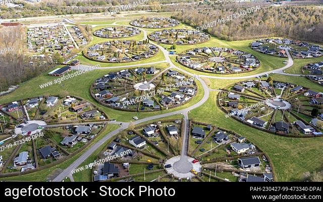 27 April 2023, Denmark, Brondby: From the air, the Danish garden city of Brondby Haveby near Copenhagen looks like the setting from a sci-fi movie