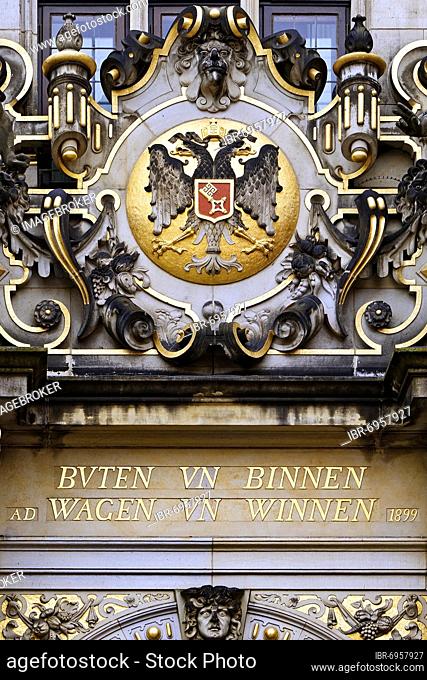Schütting, house of the Bremen merchants, coat of arms and the translated motto Draußen und Drinnen - Wagen und Gewinnen, Bremen, Germany, Europe