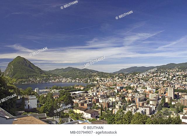 Switzerland, Tessin, Luganer sea, Lugano,  District Cassarate, Monte San Salvatore,  912m, overview, Sea, city, view over the city, houses, skyscrapers
