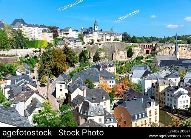 Luxembourg city, the capital of Grand Duchy of Luxembourg, aerial view of the Old Town and Grund
