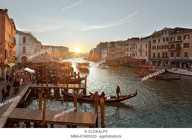 Sunset on Canal Grande from Rialto Bridge, Venice, Veneto, Italy