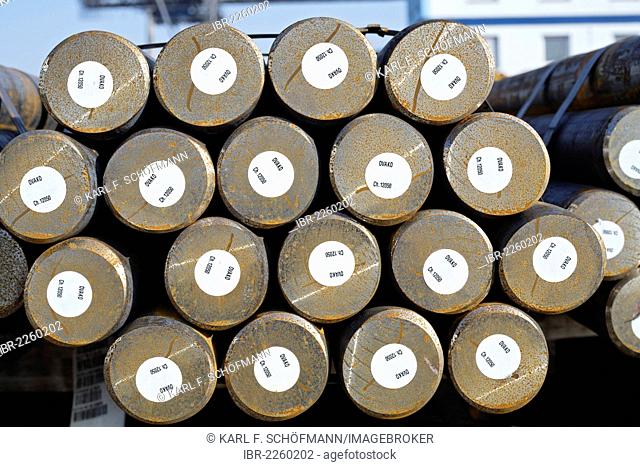 Round steel bars from Sweden, storage yard of a steel trader, Port of Neuss-Duesseldorf, Duesseldorf, North Rhine-Westphalia, Germany, Europe